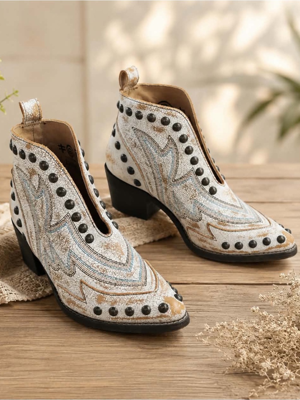 Circle G White & Tan Studded Western Ankle Booties
